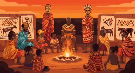 African Tribe Gathering Around The Fireplace At Night, Culture Meeting