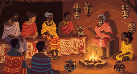 African Village Elders Gathering Around Fire For Storytelling Session