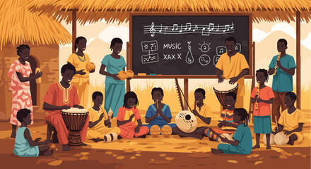 African Village Children Learning And Playing Traditional Musical Instruments