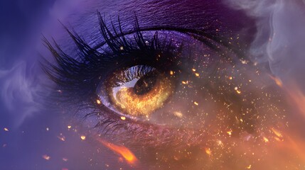 Mystical creature eye glows fiery iris embers evoke fantasy power intense gaze otherworldly beauty
