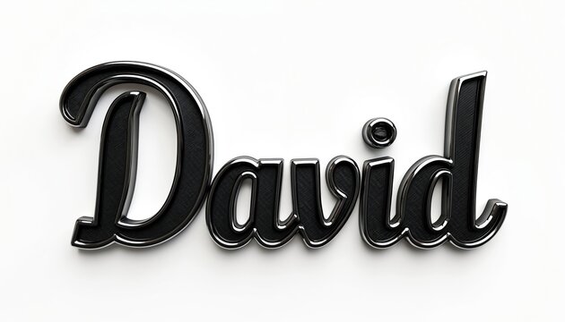 David name in bold 3D black metallic text design. Features shiny chrome borders on clean white background. Elegant typography illustration creates modern visual for personalized branding projects,