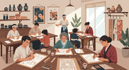 Crafting Workshop Diverse Group Creating Art Together In Harmonious Setting