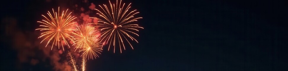Fototapeta premium Golden firework bursts against a deep black night sky, radiating light , radiant, gleam, explosion