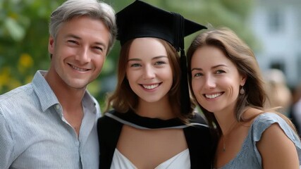 Young caucasian female graduate with family celebration outdoor smiling
