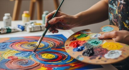 Obraz premium A close-up shot captures an artist's hands actively painting a vibrant, textured artwork with swirling patterns. One hand holds a paint-laden brush, applying blue paint to the canvas, while the other