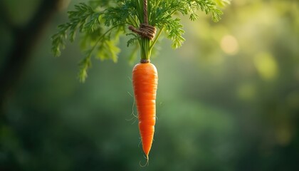 Hanging carrot with green leaves. Carrot suspends on rope on the nature background. Creative healthy food concept. Natural organic carrot, vegetable farming. Vegetarian diet and nutrition.