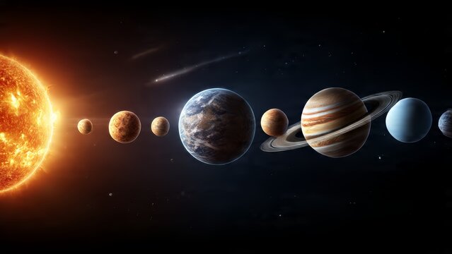 The Sun and planets of our solar system in astronomical alignment digital art
