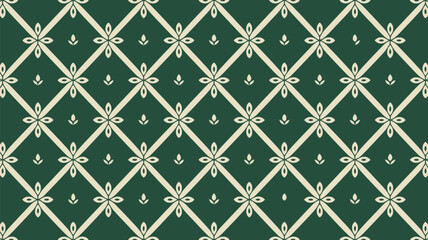 Fototapeta premium A repeating pattern of flowers and diamond shapes on a dark green background, symmetrical design