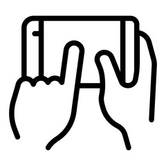 Phone held in hand line icon, using smartphone concept, touchscreen mobile phone with finger sign on white background, outline style for mobile web design. Vector graphics.