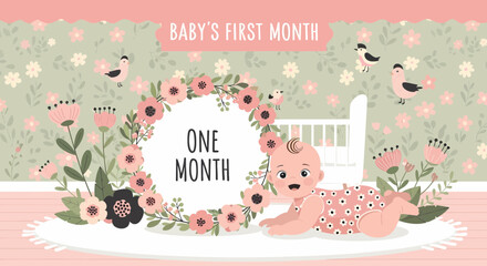 Adorable One Month Old Baby Illustrated Card In Pastel Tones