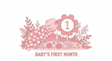Baby's First Month Illustration With Floral Elements And A Sleeping Infant