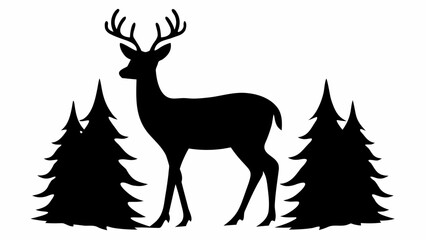 Naklejka premium Striking silhouette of a deer amongst evergreen trees, capturing winter's serene beauty, perfect for designs