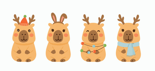 Cute capybara holiday set with antlers, bunny ears, scarf, and christmas lights.