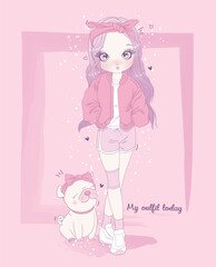 A charming girl wearing a trendy outfit poses with her adorable pet dog, radiating a sense of playful friendship and emotional connection.