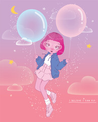 An imaginative illustration of a cheerful girl floating with balloons in a dreamy sky filled with stars and pastel colors, evoking a sense of wonder and adventure.