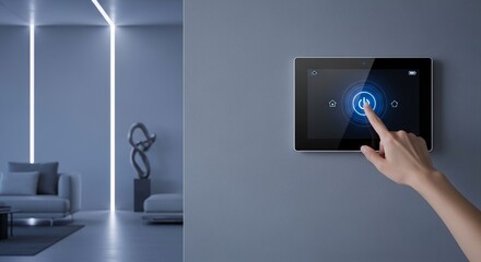 A close-up shot of a hand tapping a glowing power button on a wall-mounted smart home control panel. The panel, set against a muted gray wall, shows a blue-lit interface. In the blurred background, a