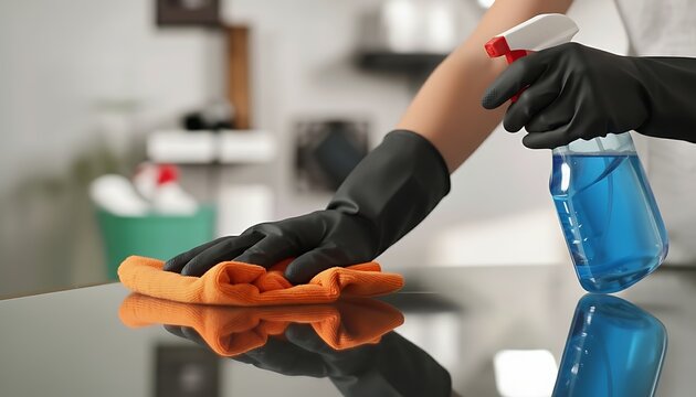 House cleaner woman wiping surface with orange cloth