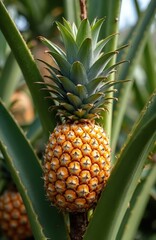 Fototapeta premium Pineapple plant grows at farm. Close view of pineapple fruit with leaves. Tropical garden with ripe fruit. Exotic vegetarian food ingredients grow in summer season at agriculture plantation.