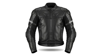Sleek black leather motorcycle jacket with built-in protective armor for rider safety, isolated on a clean white background