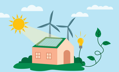 House with solar panels on the roof and wind turbines. Alternative energy concept vector