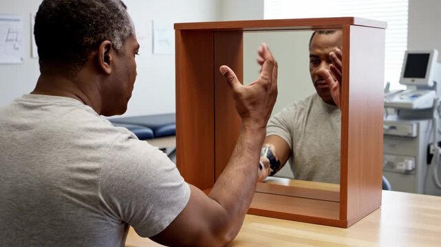 A man works on strength and recovery by watching his arm in a mirror during therapy. He focuses intently, determined to improve his mobility and regain confidence in movement.