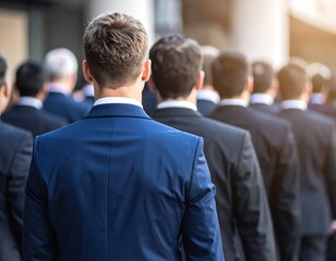 Group of suited men seen from the back, walking outside
