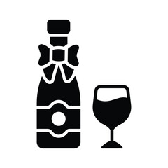 Festive wine bottle with glass for holiday toast, modern glyph icon