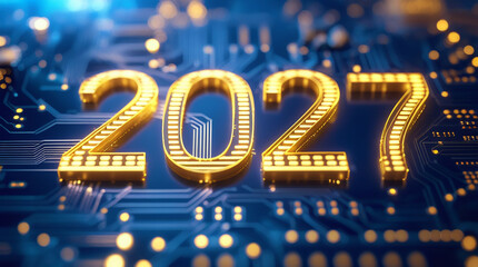 Golden 2027 numbers illuminate a futuristic circuit board for new year celebrations