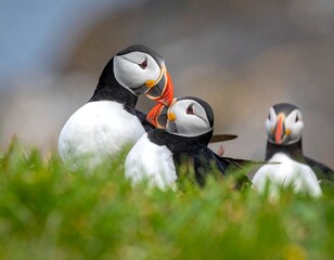 Group of three puffins, one close, two distant, in grassy habitat