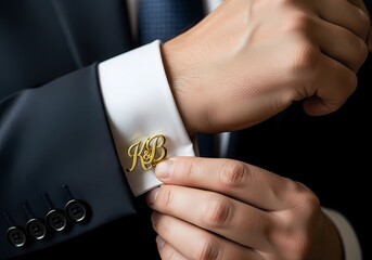 Closeup of a grooms cufflink with initials, showcasing elegance and attention to detail