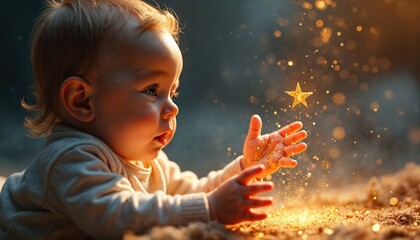 Cute baby lying looks at stardust and golden star. Toddler plays with magic glitter. Kid enjoys cosmic wonder and childhood dream. Child discovers galaxy sparkle in the universe.