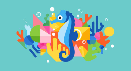 Fototapeta premium Geometric Seahorse Illustration With Vibrant Undersea Elements On Teal