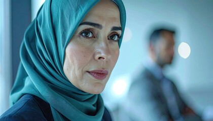 Fototapeta premium Woman in Teal Hijab with Powdery Face, Business Setting