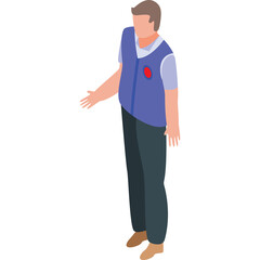 Full Body Isometric View of a Person Wearing a Blue Vest Over a Light Blue Shirt and Dark Pants with One Hand Outstretched in a Gesture of Explanation on a Transparent Background