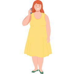 Full Body Portrait Of A Smiling Woman With Red Hair Wearing A Yellow Dress And Green Shoes Talking On A Phone With A Transparent Background