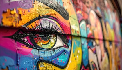 Vibrant Graffiti Eye Mural on Weathered Wall
