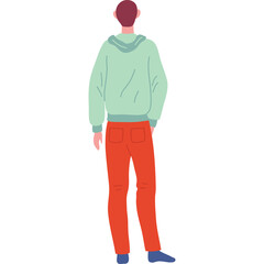 Full body shot of a young man with burgundy hair wearing a light green hoodie and bright orange pants standing with his back to the camera against a white background