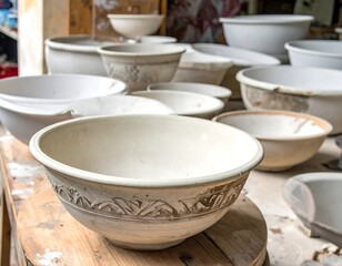 Group of unglazed ceramic bowls, varying sizes and textures, on a wooden table