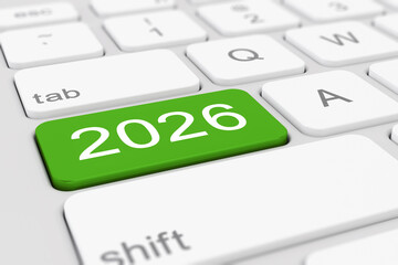 3d render of a white keyboard with a green key and the inscription 2026 - represents the new year 2026 - vacation concept.