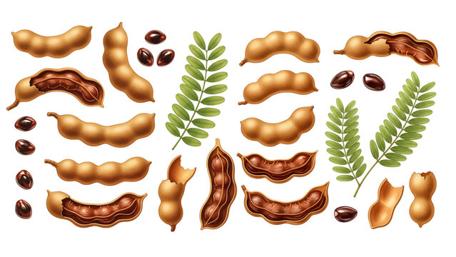 A watercolor illustration set of ripe tamarind fruits, shown whole, cracked open, and peeled, with seeds and leaves.