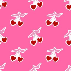 Seamless Pattern with Heart Cherries on Pink Background – Cute Valentine’s Day Digital Design