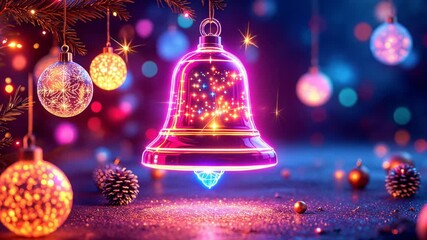 Magical neon Christmas bell ringing with sparkling lights and festive decorations on a glitter background - Powered by Adobe