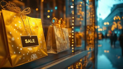 Golden christmas sale shopping bags are illuminated by warm lights in a store window display, creating a magical and enticing atmosphere for holiday shoppers