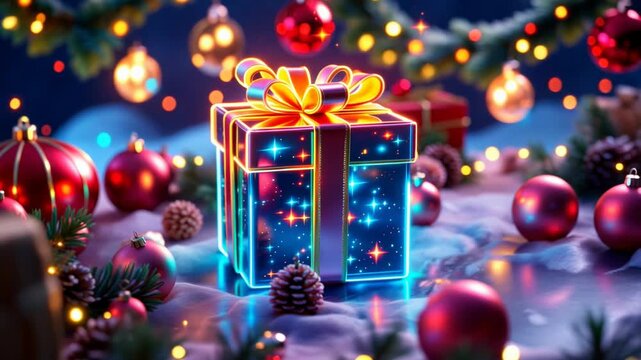 Luminous and magical neom glowing Christmas gift box sitting in the snow surrounded by festive decorations