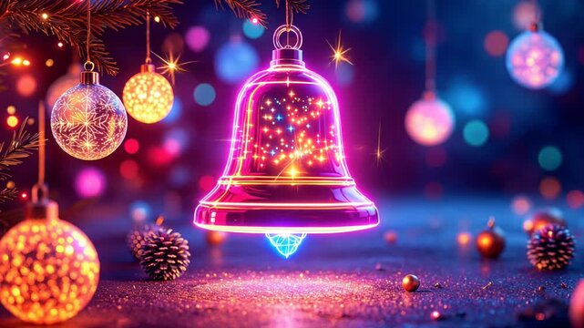 Magical neon Christmas bell ringing with sparkling lights and festive decorations on a glitter background