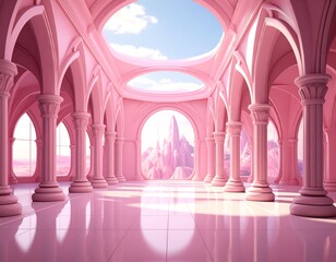 Interior of a pink structure featuring arches, columns, and a scenic backdrop