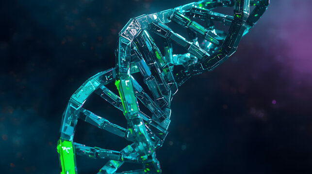 3D rendered DNA helix structure with blue-green glow — biotechnology and genetic research concept