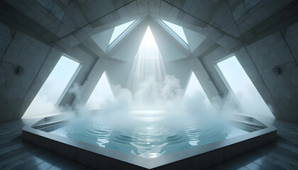 Luxurious Modern Spa Pool with Geometric Architecture, Steam, and Sunbeams