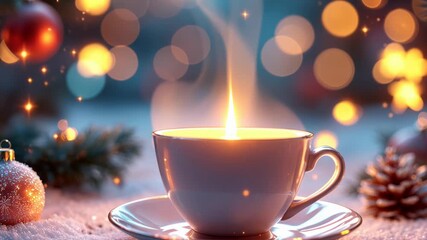 Warm beverage in a cup creating magical glowing steam on a snowy table with Christmas decorations - Powered by Adobe