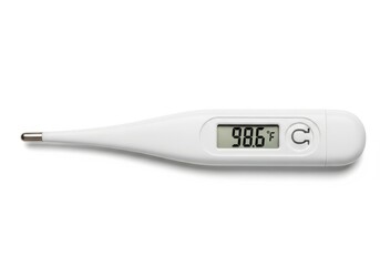Digital thermometer reads 98.6 degrees fahrenheit medical device isolated on white background